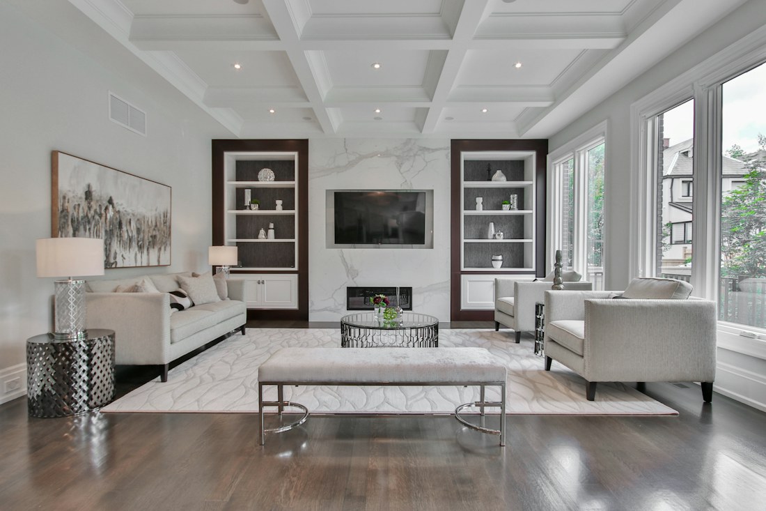 Bright residential living area prepared for photography
